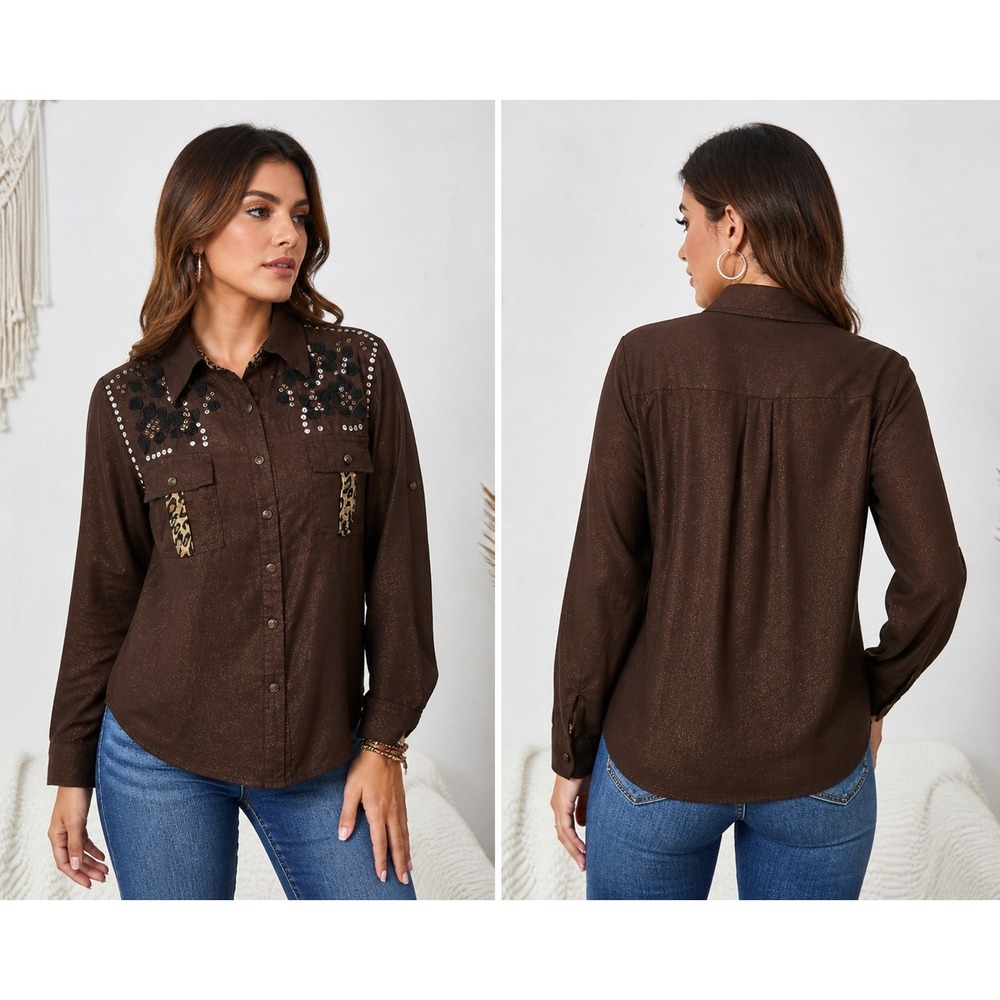 Lulumari Shirt Women Brown Sequin Embroidered Leopard Accent Button Down Shirt L